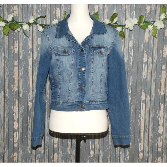 Papaya Ladies Denim Jean Jacket Size L Blue Classic Y2k Pockets Stretch Casual - Picture 1 of 9